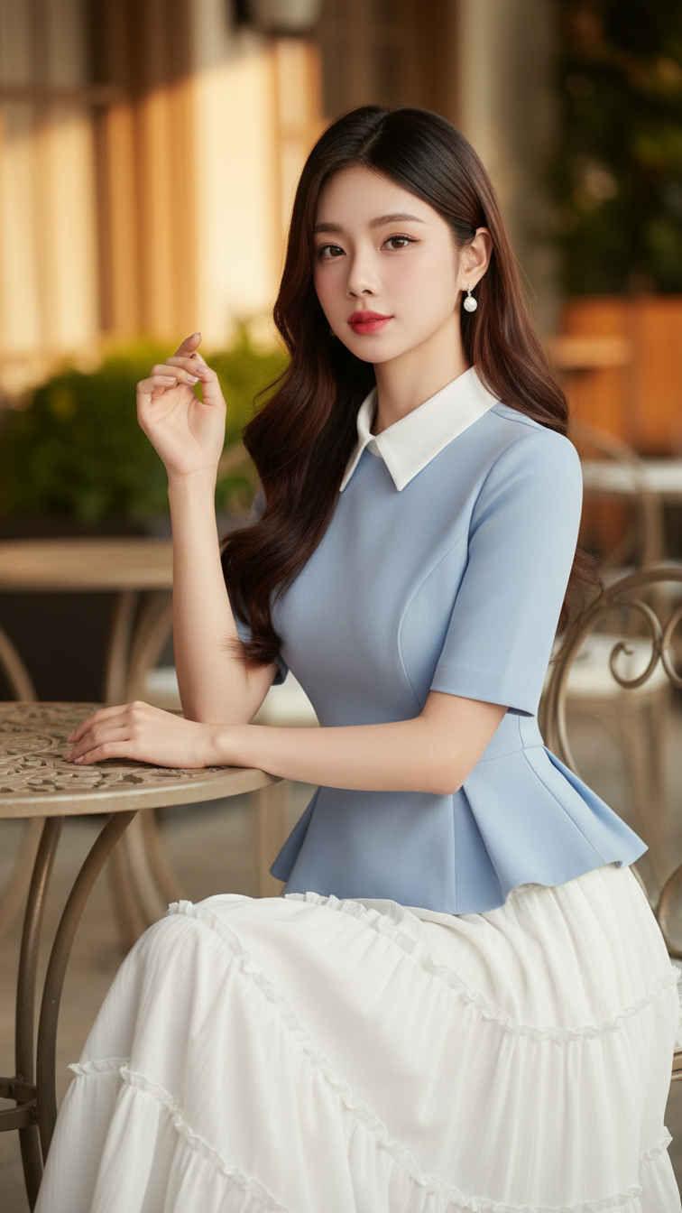 Chân dung thanh lịch của cô gái trẻ tại quán cà phê sang trọng