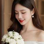 Vẽ chân dung một cô gái trẻ với nụ cười dịu dàng và bó hoa trên tay