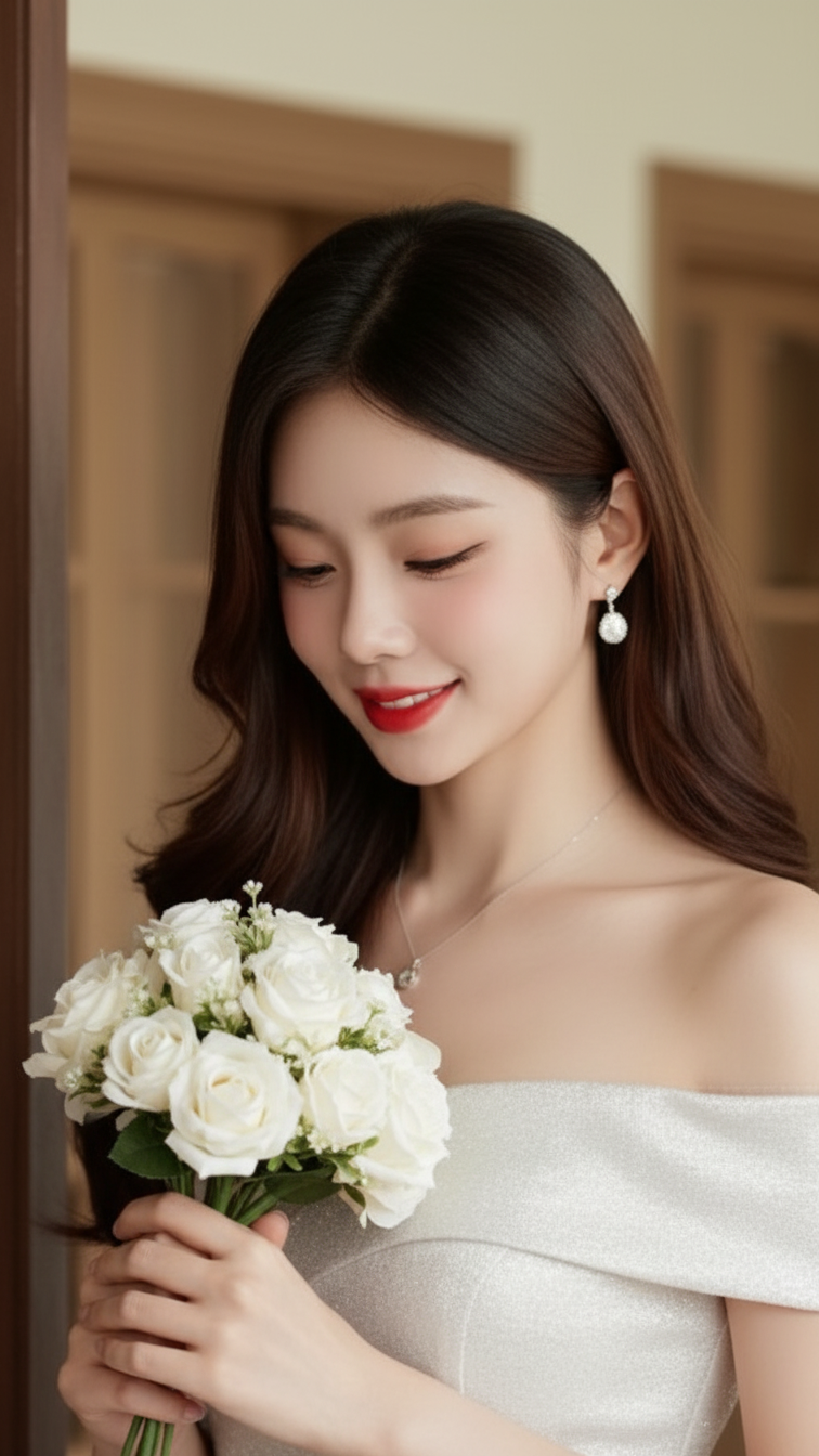 Vẽ chân dung một cô gái trẻ với nụ cười dịu dàng và bó hoa trên tay