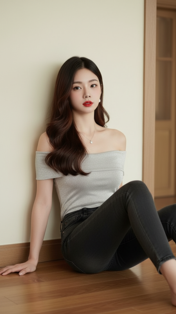 Vẽ chân dung chân thật của cô gái trẻ ngồi tựa tường tạo dáng tự nhiên