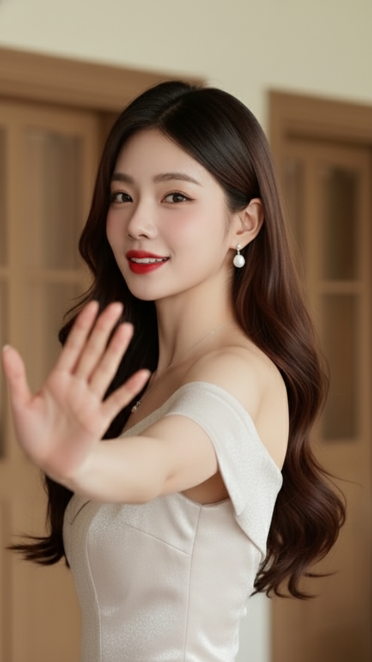 Vẽ chân dung thực tế của cô gái trẻ với biểu cảm vui vẻ và dáng vẻ tự nhiên