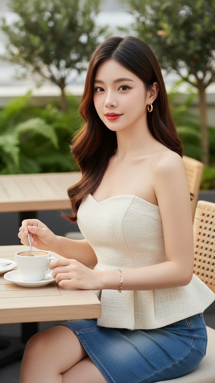 Vẻ đẹp thanh lịch của cô gái trẻ tại quán cà phê sang trọng