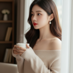 Vẽ chân dung thực tế của cô gái trẻ bên cửa sổ cùng ly cà phê thư giãn