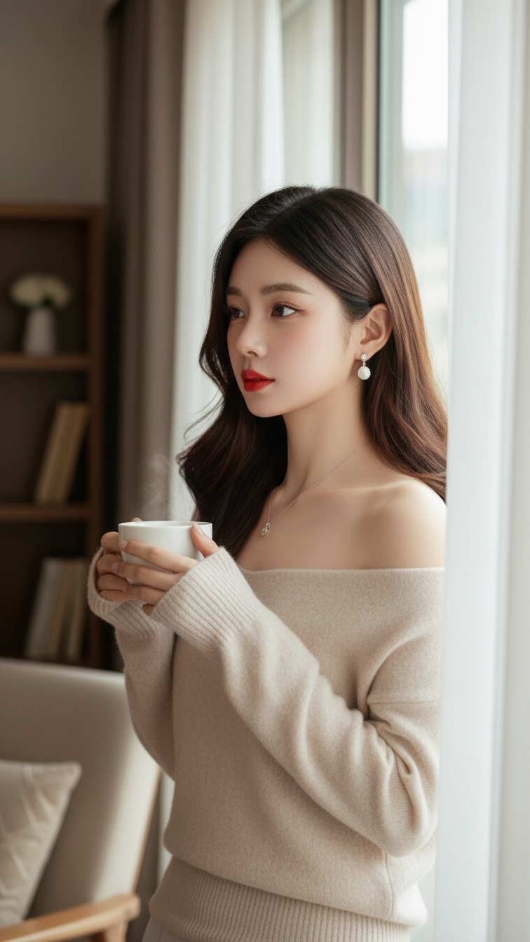 Vẽ chân dung thực tế của cô gái trẻ bên cửa sổ cùng ly cà phê thư giãn