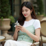 Chân dung cô gái trẻ tự tin với phong cách thanh lịch nơi quán café sang trọng