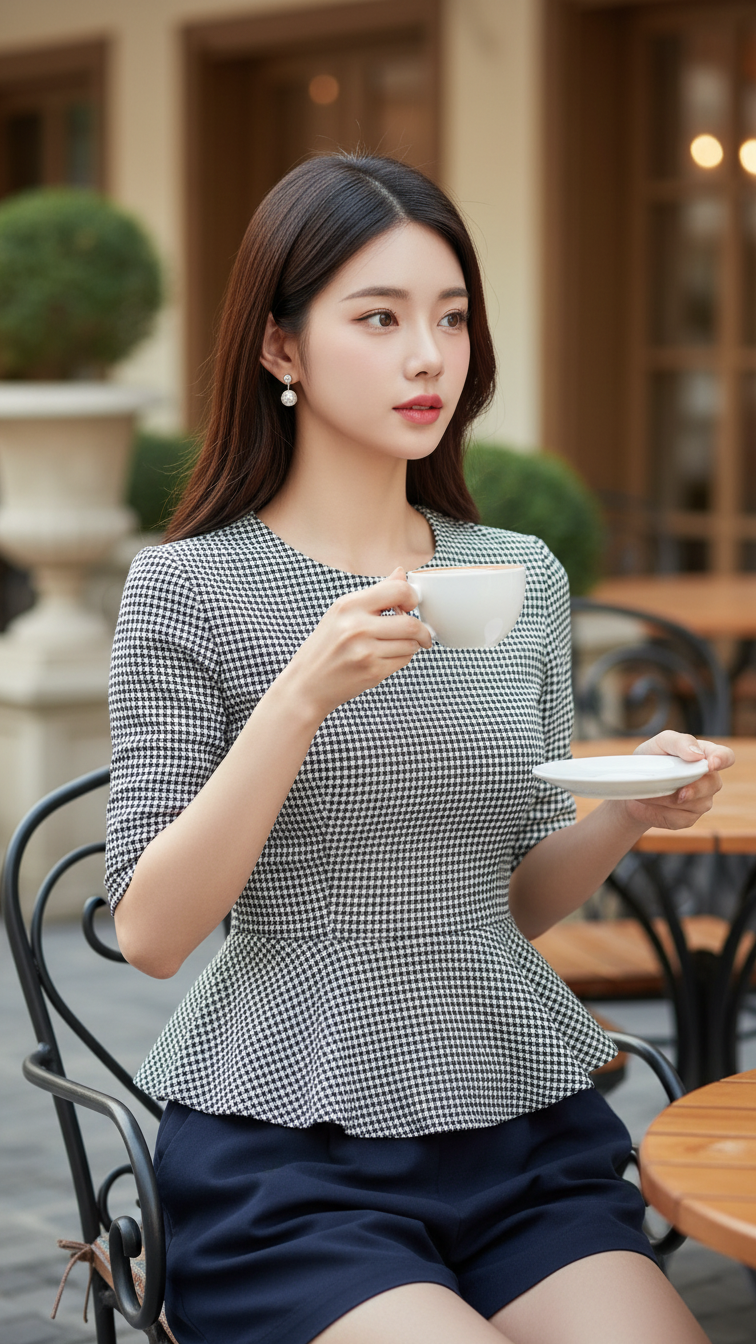 Chân dung thanh lịch của cô gái trẻ giữa không gian quán cà phê sang trọng