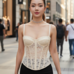 Chân dung cô gái trẻ tự tin trong trang phục corset sang trọng giữa phố hiện đại