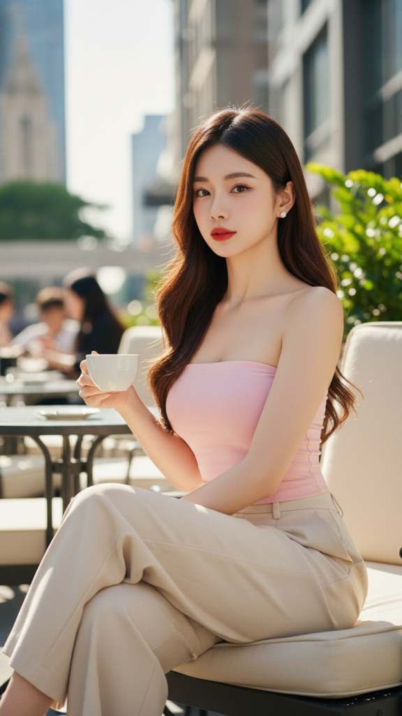 Chân dung hiện thực của cô gái trẻ thanh lịch giữa không gian quán cà phê sang trọng