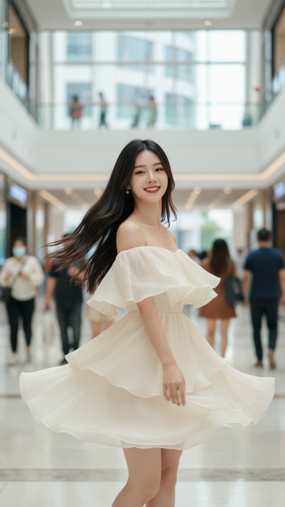 Chân dung cô gái trẻ tự tin trong không gian mua sắm hiện đại và sang trọng