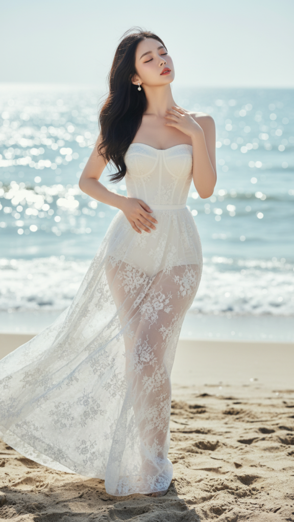 Chân dung hiện thực của cô gái trẻ thanh lịch bên bờ biển mơ màng