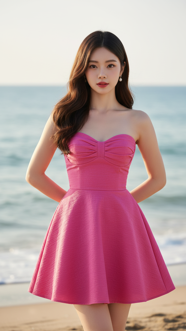 Tạo chân dung thanh lịch cho cô gái trẻ bên bãi biển rực rỡ ánh sáng tự nhiên