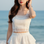 Chân dung cô gái trẻ thanh lịch bên bờ biển tuyệt đẹp trong ánh hoàng hôn