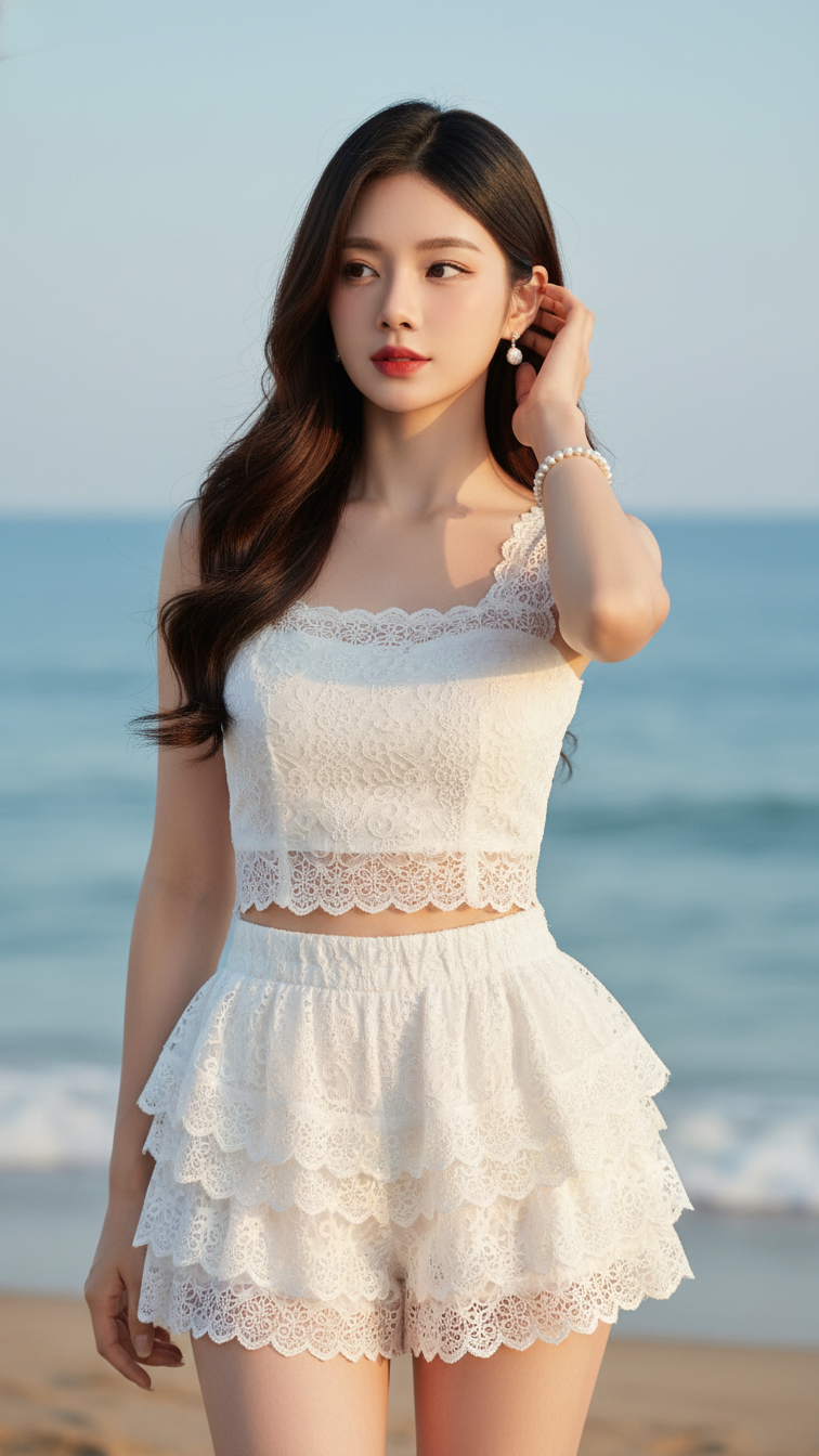 Chân dung cô gái trẻ thanh lịch bên bờ biển tuyệt đẹp trong ánh hoàng hôn