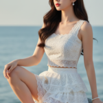 Chân dung thanh lịch của cô gái trẻ bên bờ biển yên bình