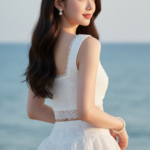 Chân dung thanh lịch của cô gái trẻ bên bờ biển êm đềm