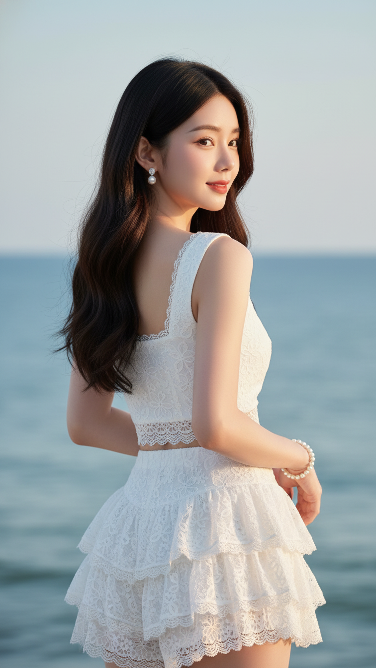 Chân dung thanh lịch của cô gái trẻ bên bờ biển êm đềm