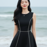 Chân dung nữ thanh lịch bên bờ biển với trang phục tối giản và tự nhiên