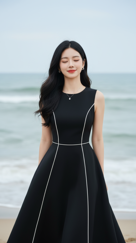 Chân dung nữ thanh lịch bên bờ biển với trang phục tối giản và tự nhiên