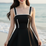 Vẻ đẹp thanh lịch của cô gái trẻ bên bờ biển trong bộ đầm đen quyến rũ