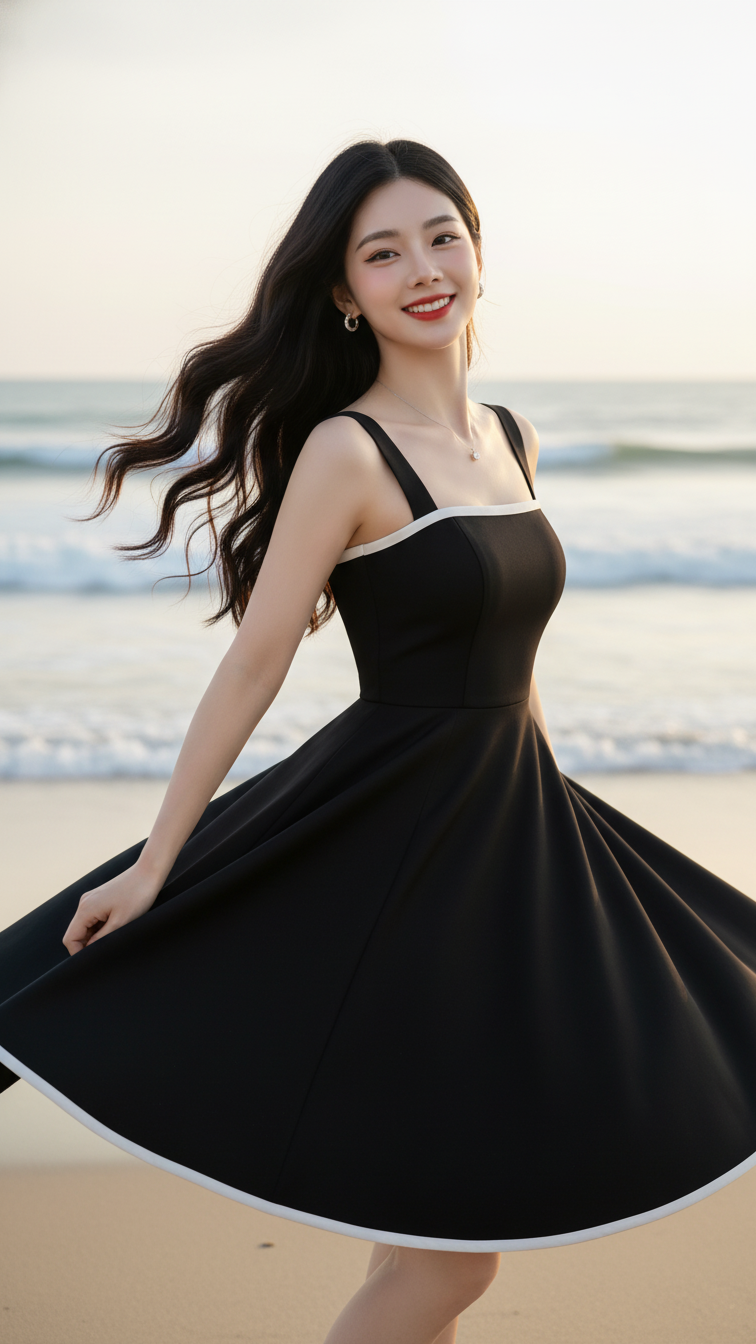 Tạo chân dung nữ thanh lịch bên biển với phong cách tự nhiên và trang phục tối giản