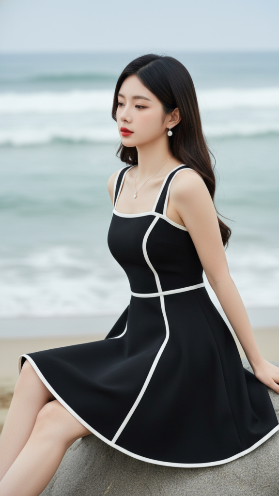 Chân dung thời trang thanh lịch của cô gái trẻ bên bờ biển yên bình