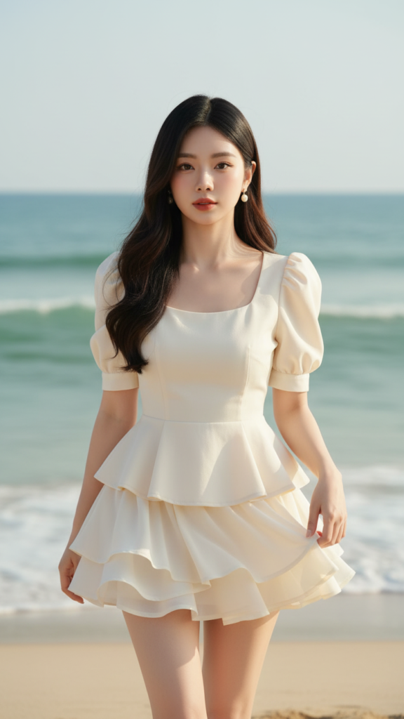 Chân dung thực tế của cô gái trẻ bên biển với vẻ đẹp tự nhiên và phong cách thời trang tinh tế