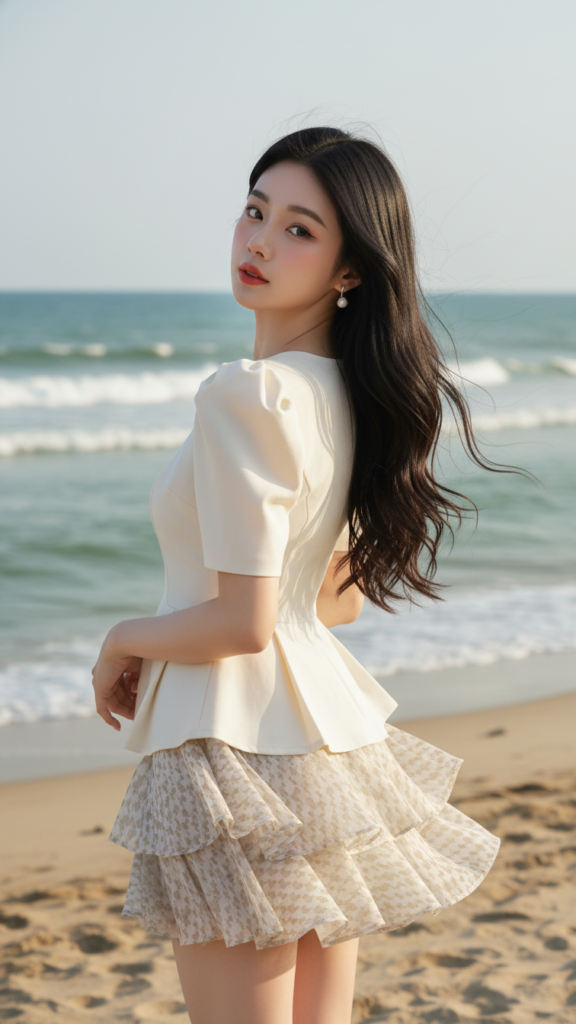 Chân dung cô gái châu Á bên biển với phong cách thời trang tinh tế và ánh sáng tự nhiên