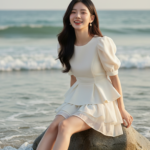Chân dung thanh lịch của cô gái trẻ bên bờ biển tuyệt đẹp