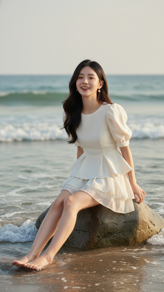 Chân dung thanh lịch của cô gái trẻ bên bờ biển tuyệt đẹp