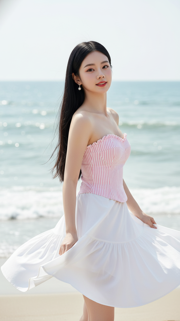 Chân dung thanh lịch của cô gái trẻ bên bờ biển đầy sức sống và sự tự tin