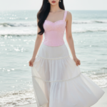 Chân dung thanh lịch của cô gái trẻ bên bờ biển tươi đẹp