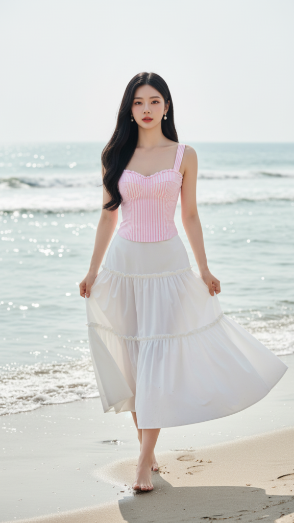 Chân dung thanh lịch của cô gái trẻ bên bờ biển tươi đẹp