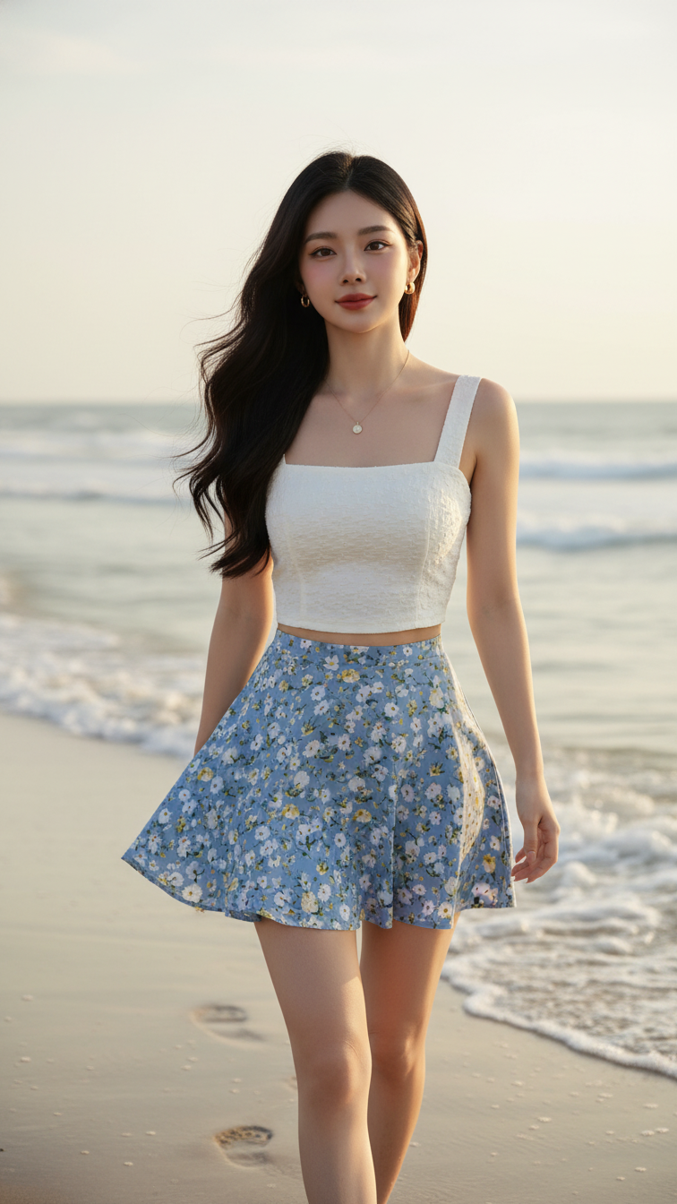 Chân dung quyến rũ của cô gái Á Đông bên bờ biển trong trang phục mùa hè tươi sáng