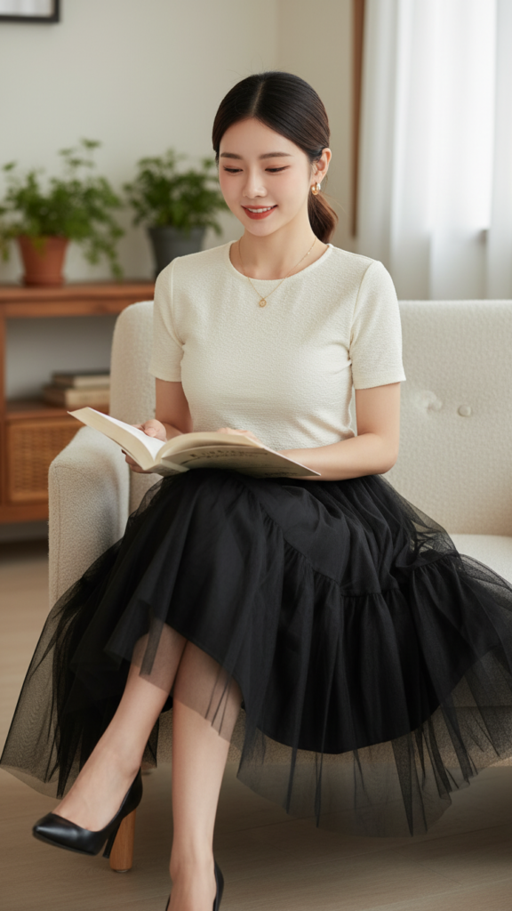 Chân dung cô gái trẻ với phong cách hiện đại và quyến rũ trong không gian ấm cúng