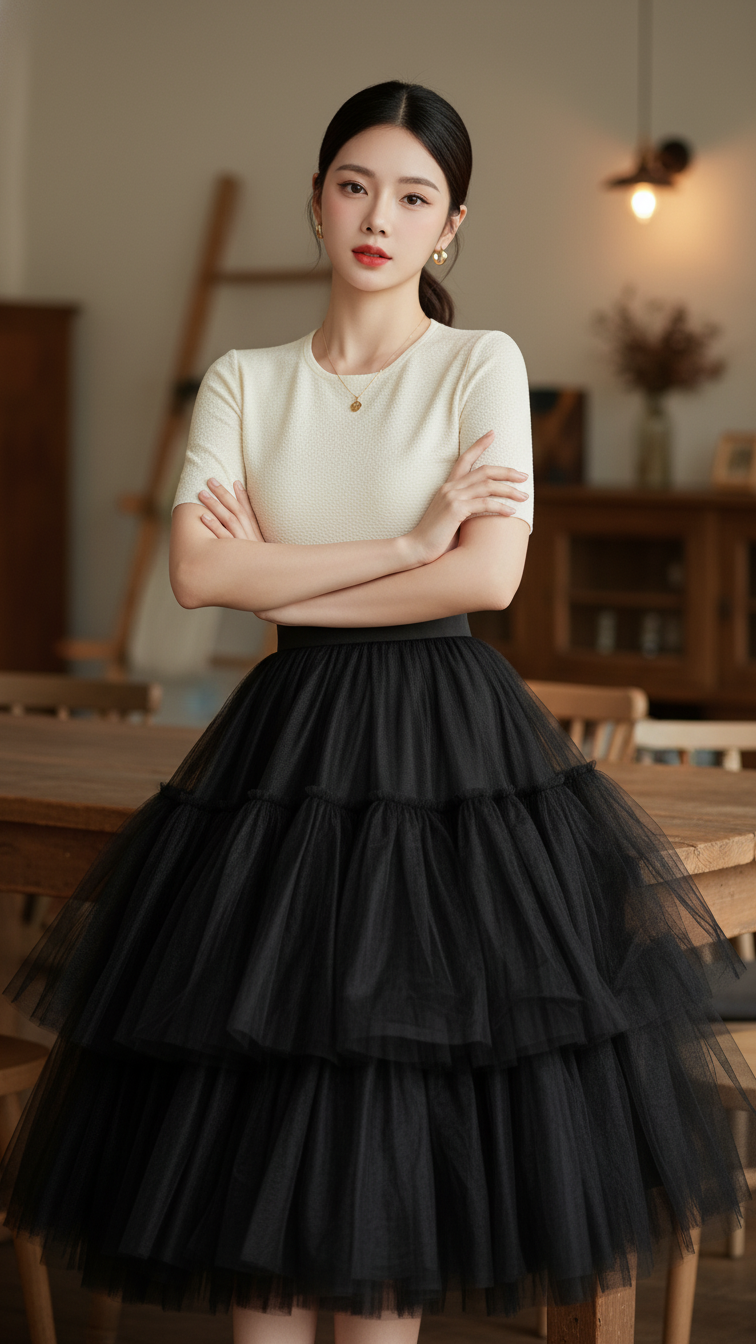 Hình ảnh cô gái trẻ tự tin trong trang phục thanh lịch tại homestay ấm cúng