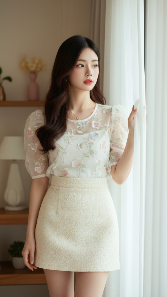 Chân dung thanh lịch của cô gái trẻ trong không gian ấm cúng và ánh sáng tự nhiên