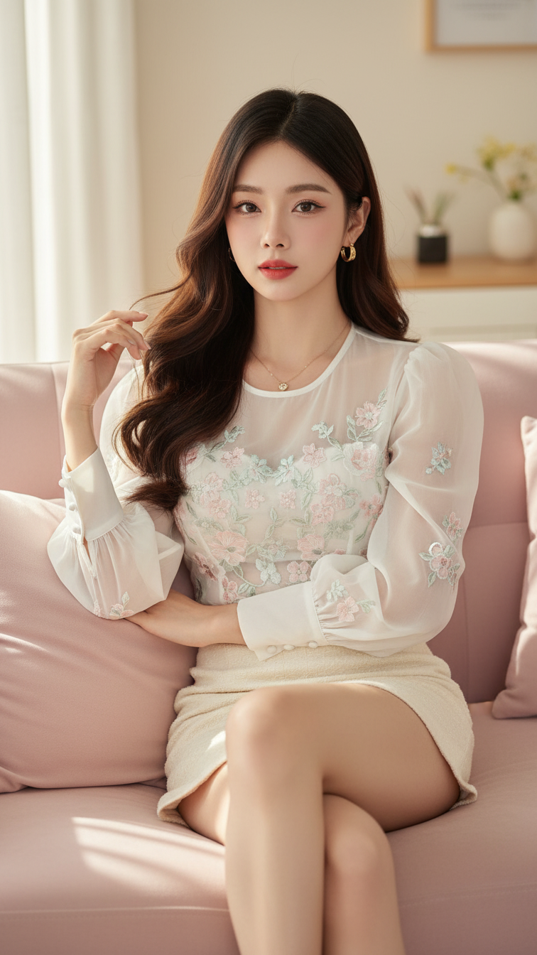 Chân dung hiện thực của cô gái trẻ thanh lịch trong không gian ấm cúng