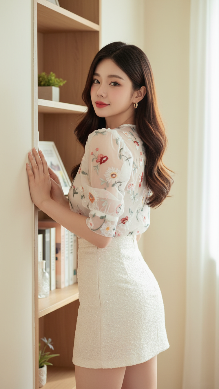 Chân dung thanh lịch của cô gái trẻ với sắc nét tự nhiên trong không gian ấm áp