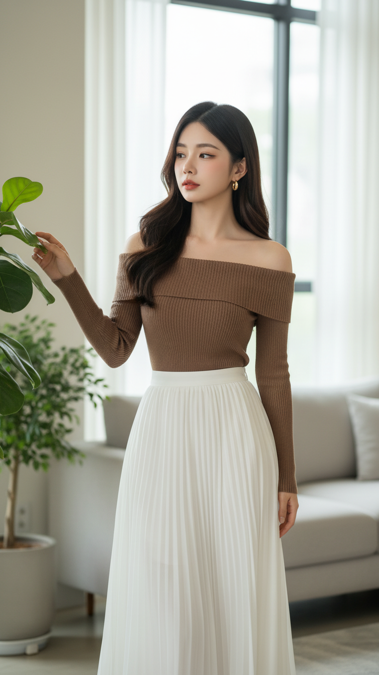 Chân dung thanh lịch của cô gái trẻ trong không gian ấm cúng và tự nhiên