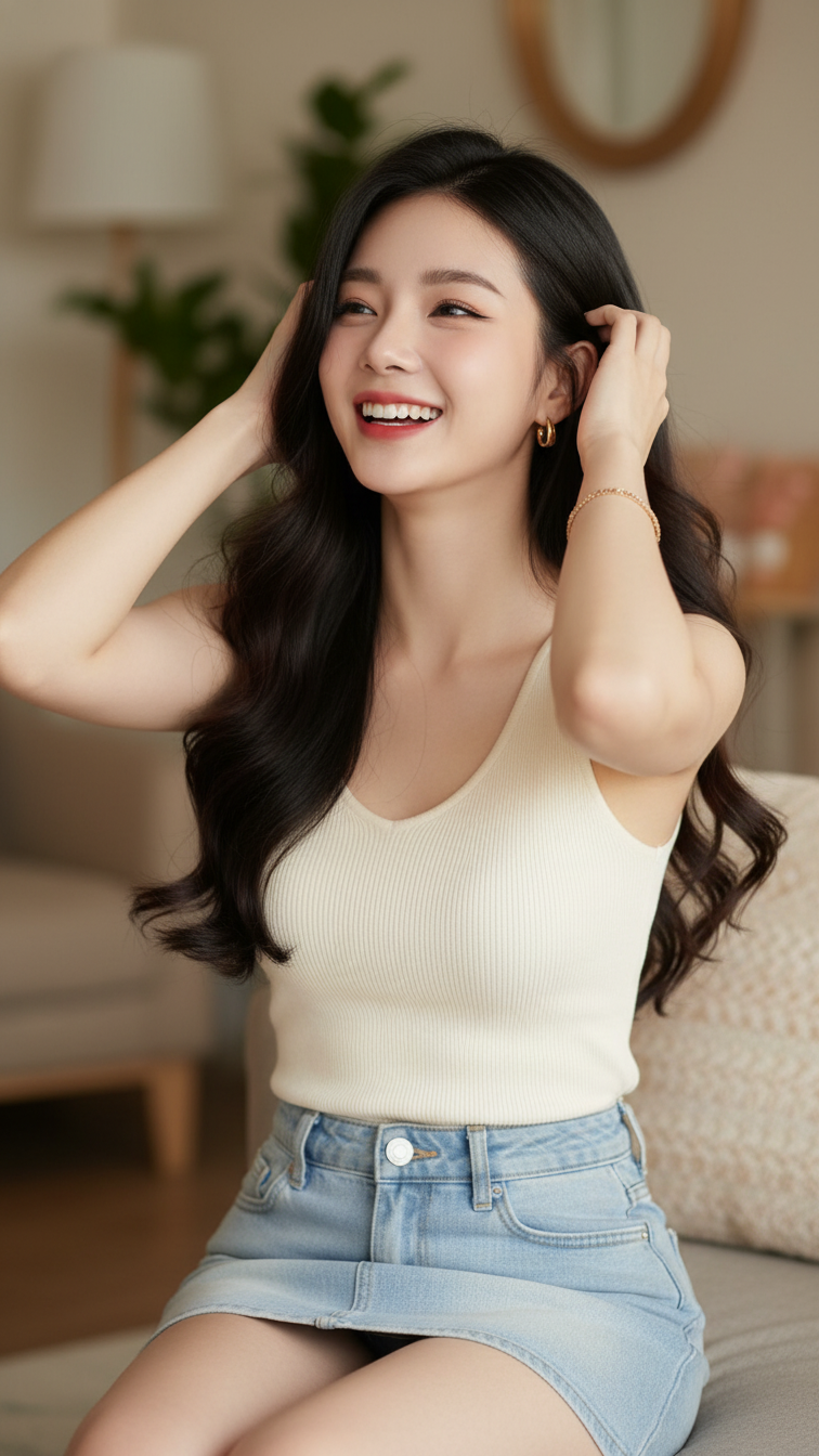 Chân dung cô gái trẻ tự tin và thanh lịch trong không gian ấm cúng tại homestay