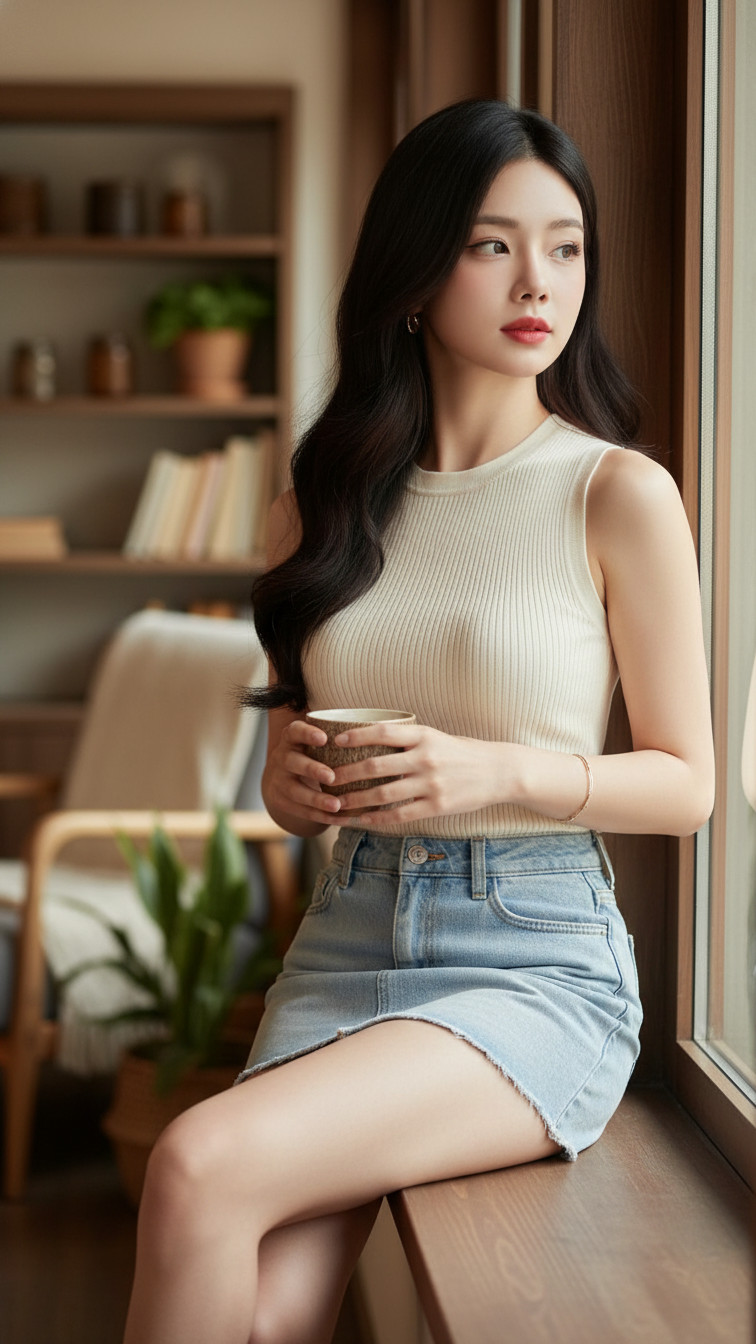 Chân dung nữ thanh niên thanh lịch trong không gian ấm cúng và phong cách trẻ trung