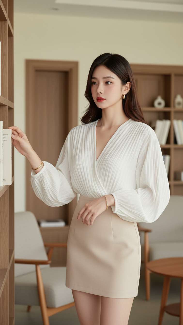 Chân dung cô gái trẻ thanh lịch trong không gian ấm cúng phong cách hiện đại