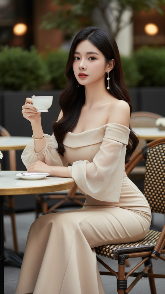 Chân dung cô gái trẻ tự tin tại quán cafe sang trọng với phong cách thời trang đẳng cấp