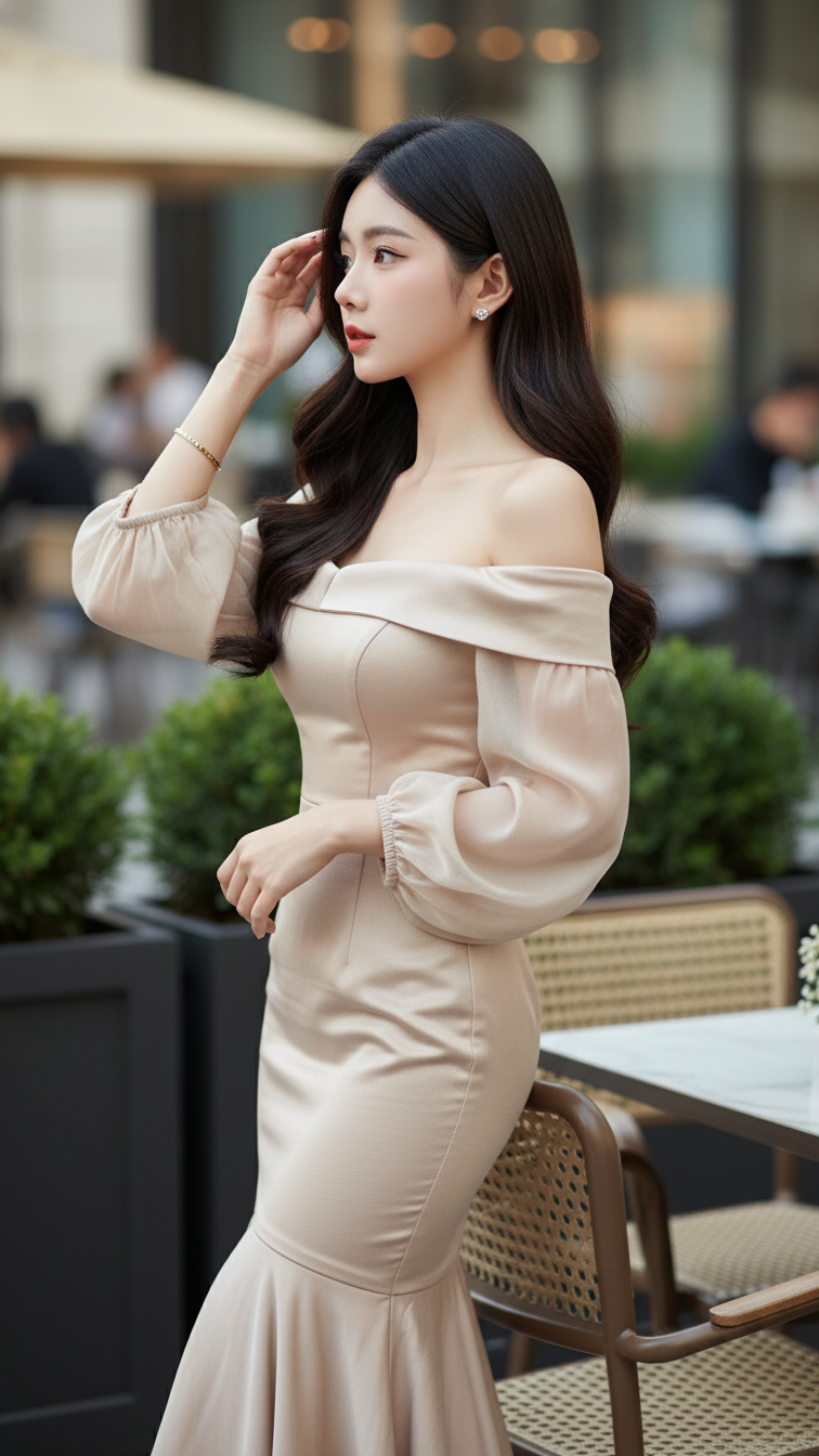 Chân dung cô gái trẻ tự tin giữa không gian sang trọng của quán cà phê ngoài trời