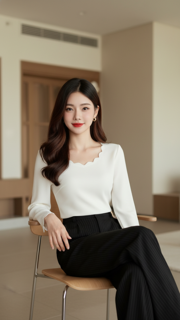 Chân dung thời thượng của cô gái trẻ đầy tự tin và thanh lịch trong không gian tối giản
