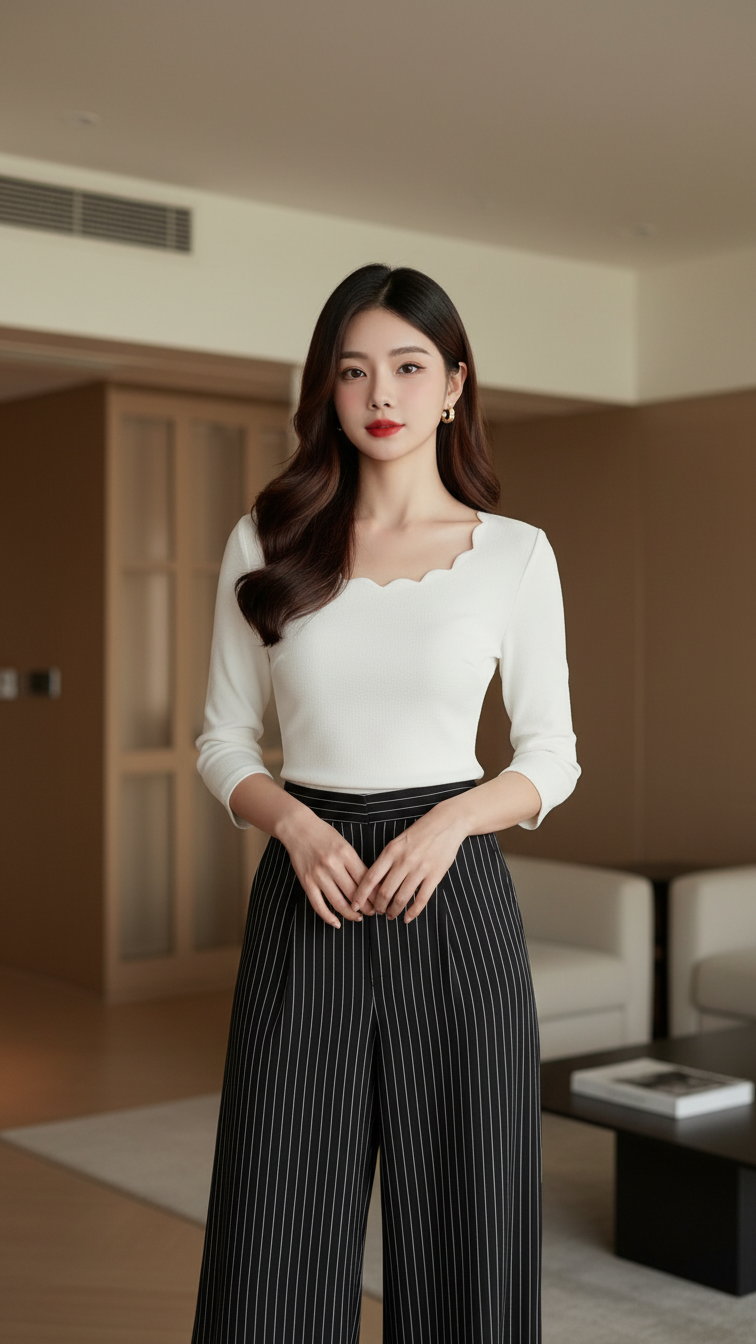 Chân dung thanh lịch của cô gái trẻ trong không gian tối giản hiện đại