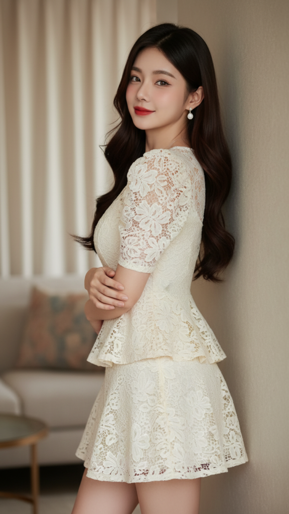 Chân dung thanh lịch của cô gái châu Á tự tin trong không gian ấm áp và tinh tế.