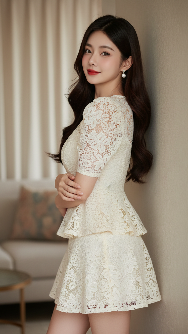 Chân dung thanh lịch của cô gái châu Á tự tin trong không gian ấm áp và tinh tế.