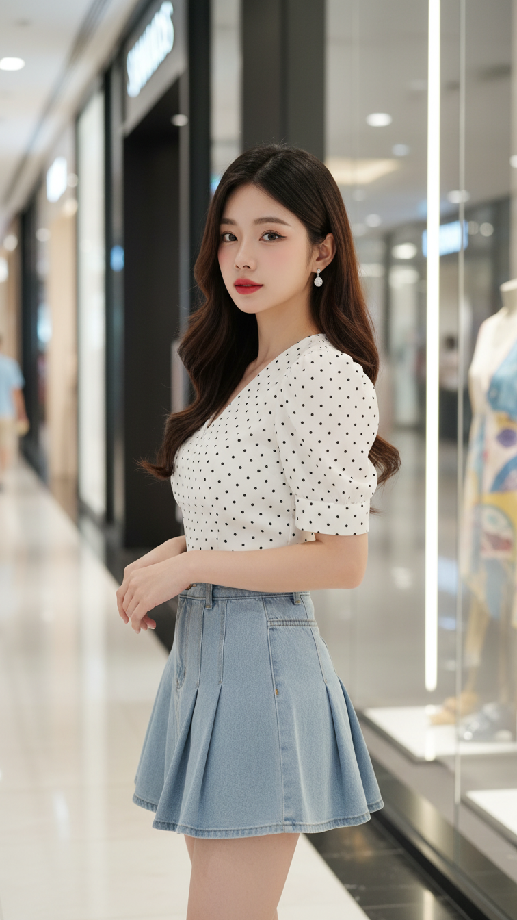 Chân dung thời trang của cô gái châu Á tại trung tâm mua sắm hiện đại