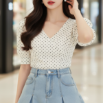 Chân dung gái trẻ thanh lịch trong trang phục hiện đại tại trung tâm mua sắm